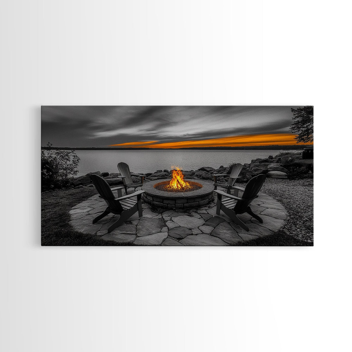 Fire Pit, Sunset Glow, Adirondack Chairs, Lake View, Framed Canvas Print, Fall Wall Art, Rustic Decor, Cozy Living Room Wall Accent