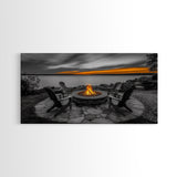 Fire Pit, Sunset Glow, Adirondack Chairs, Lake View, Framed Canvas Print, Fall Wall Art, Rustic Decor, Cozy Living Room Wall Accent