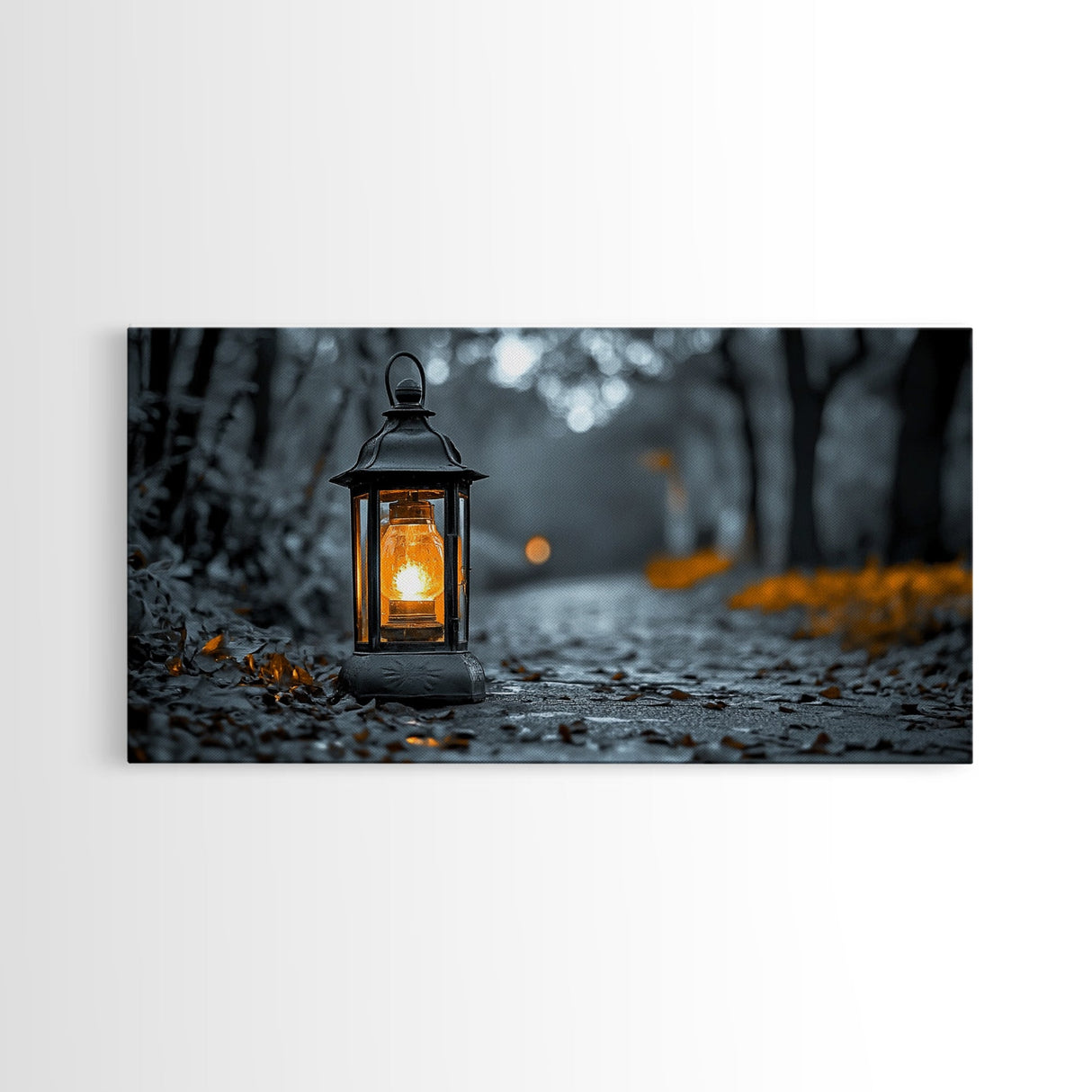 Lantern Glow, Forest Trail, Autumn Leaves, Soft Light, Framed Canvas Print, Fall Wall Art, Rustic Entryway Decor, Nature Photography Print