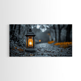 Lantern Glow, Forest Trail, Autumn Leaves, Soft Light, Framed Canvas Print, Fall Wall Art, Rustic Entryway Decor, Nature Photography Print