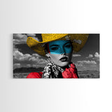 Western Woman, Yellow Hat, Desert Portrait, Fashion Pop Art, Framed Canvas Print, Bold Bedroom Wall Art, Glam Western Wall Decor