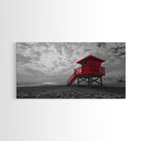 Red Lifeguard Tower, Beachscape, Dramatic Sky, Coastal Life, Framed Canvas Print, Modern Beach Wall Art, Bold Bathroom Decor