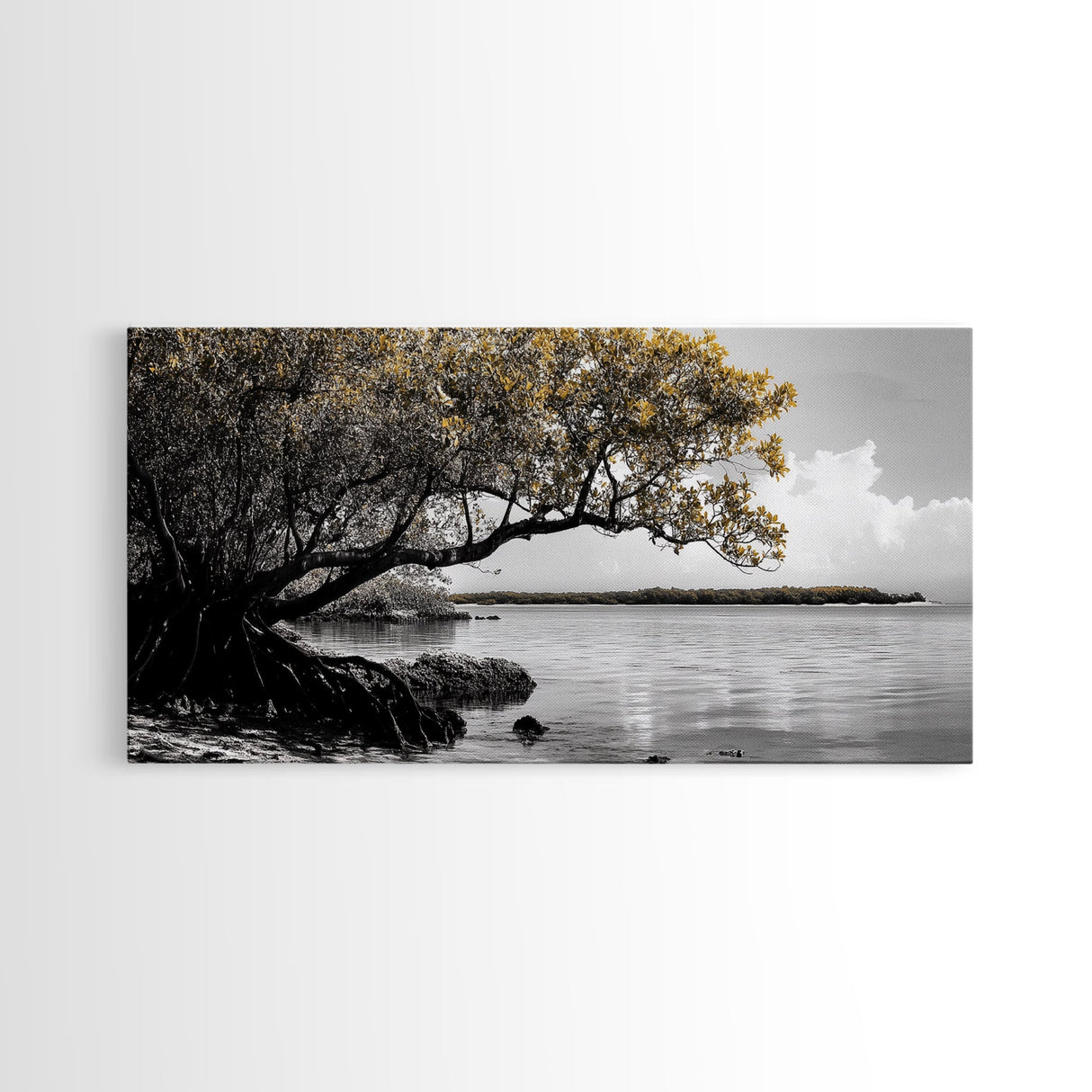 Mangrove Tree, Coastal Roots, Golden Leaves, Ocean View, Framed Canvas Print, Beach House Art, Nature Wall Decor, Minimal Coastal Vibe
