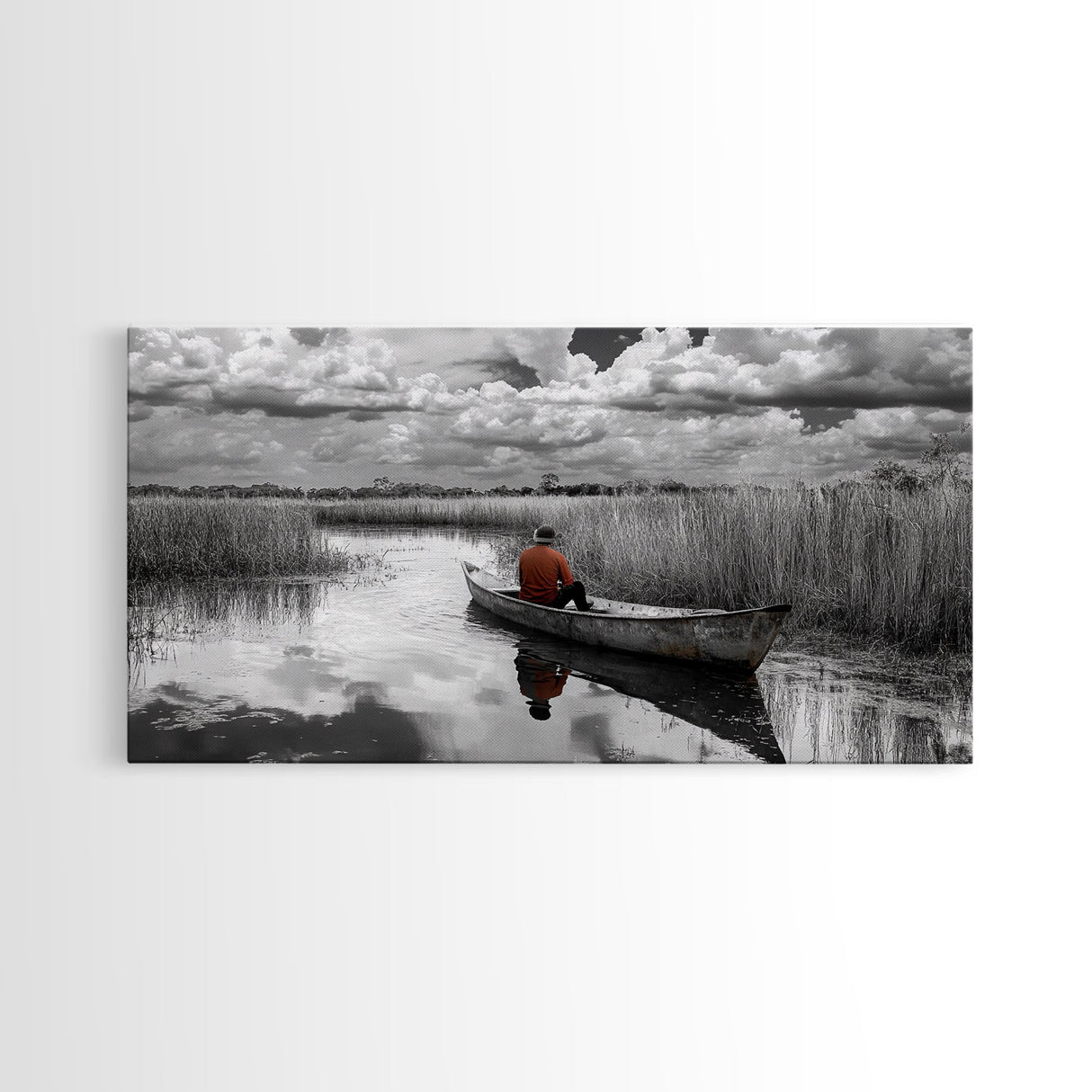 Solitary Canoe, Peaceful Waters, Cloudy Sky, Red Shirt, Framed Canvas Print, Nature Explorer Gift, Cabin Wall Art, Rustic Fall Scene