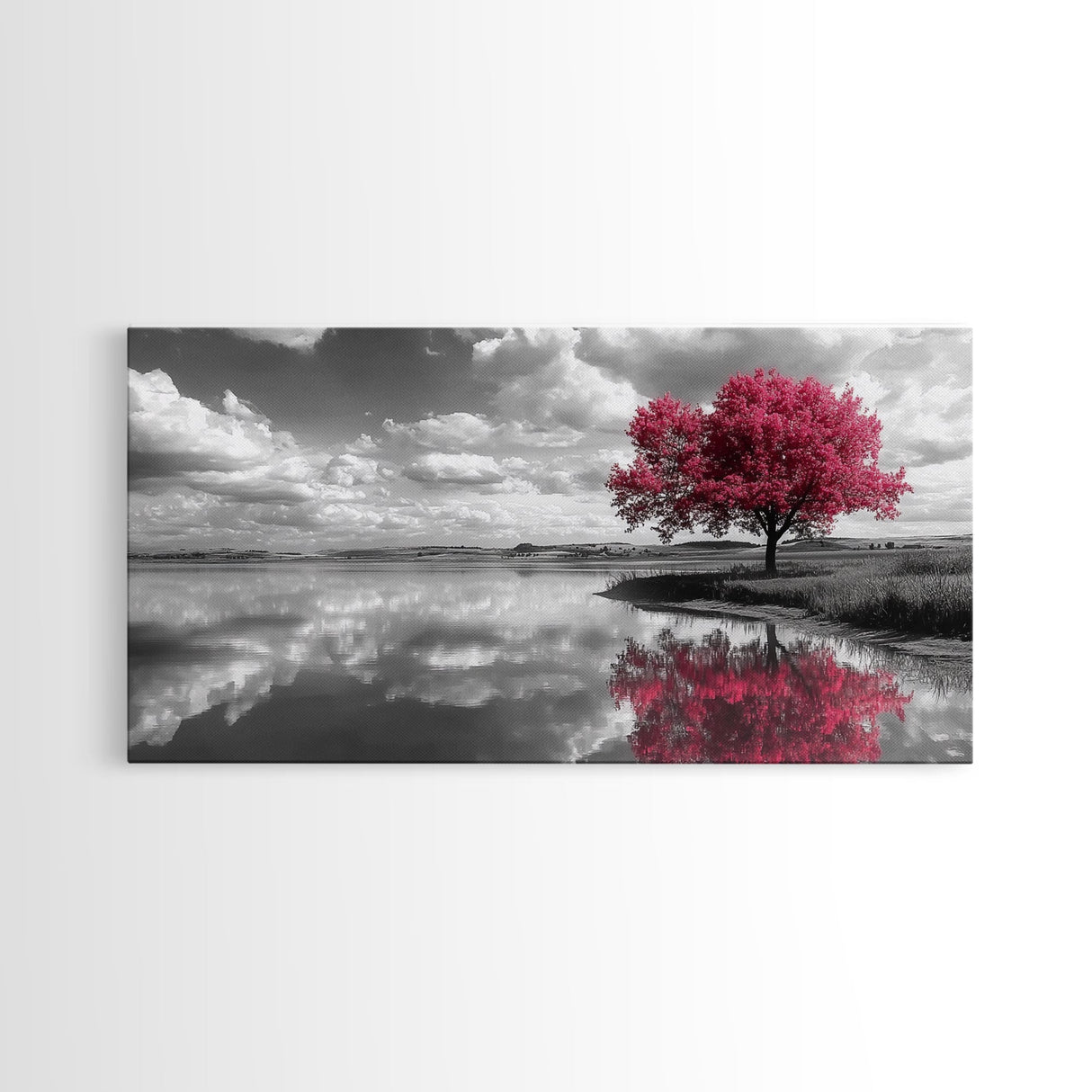 Pink Tree Reflections, Minimal Nature Art, Monochrome Landscape Canvas Print, Tranquil Bedroom or Living Room Wall Decor
