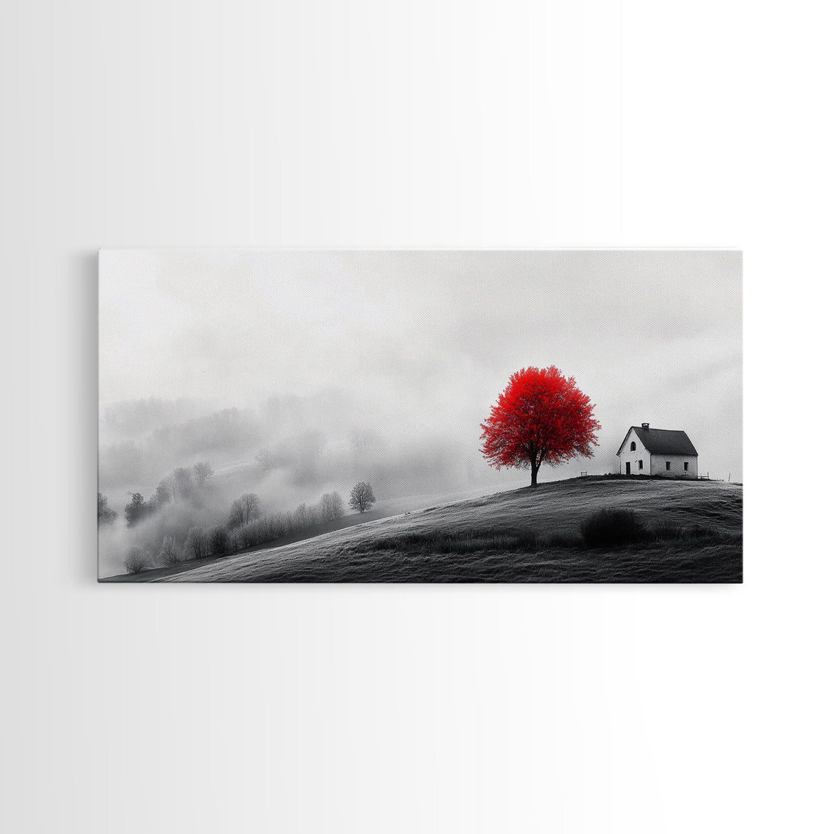 Red Tree Hilltop, Serene Winter Landscape, Peaceful Country Decor, Misty Morning Wall Art, Framed Canvas Print, Minimalist Bedroom Art