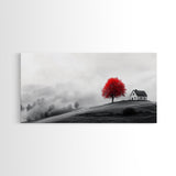 Red Tree Hilltop, Serene Winter Landscape, Peaceful Country Decor, Misty Morning Wall Art, Framed Canvas Print, Minimalist Bedroom Art
