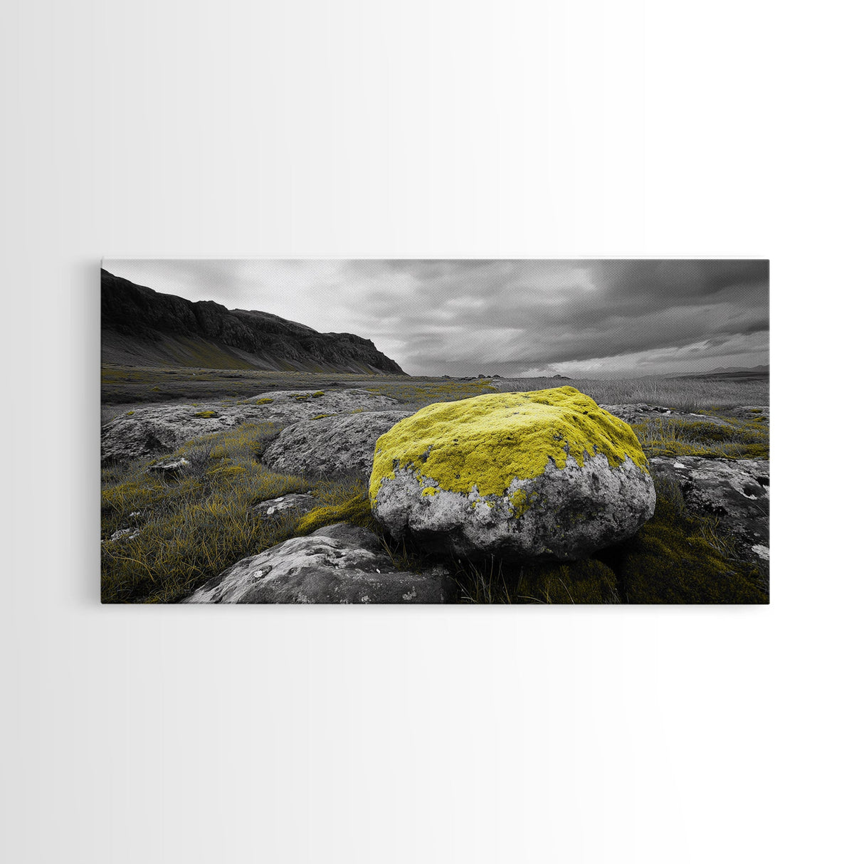 Yellow Moss Rock, Moody Nature Photography, Icelandic Landscape Art, Wilderness Inspired Canvas Print, Rustic Cabin Wall Decor