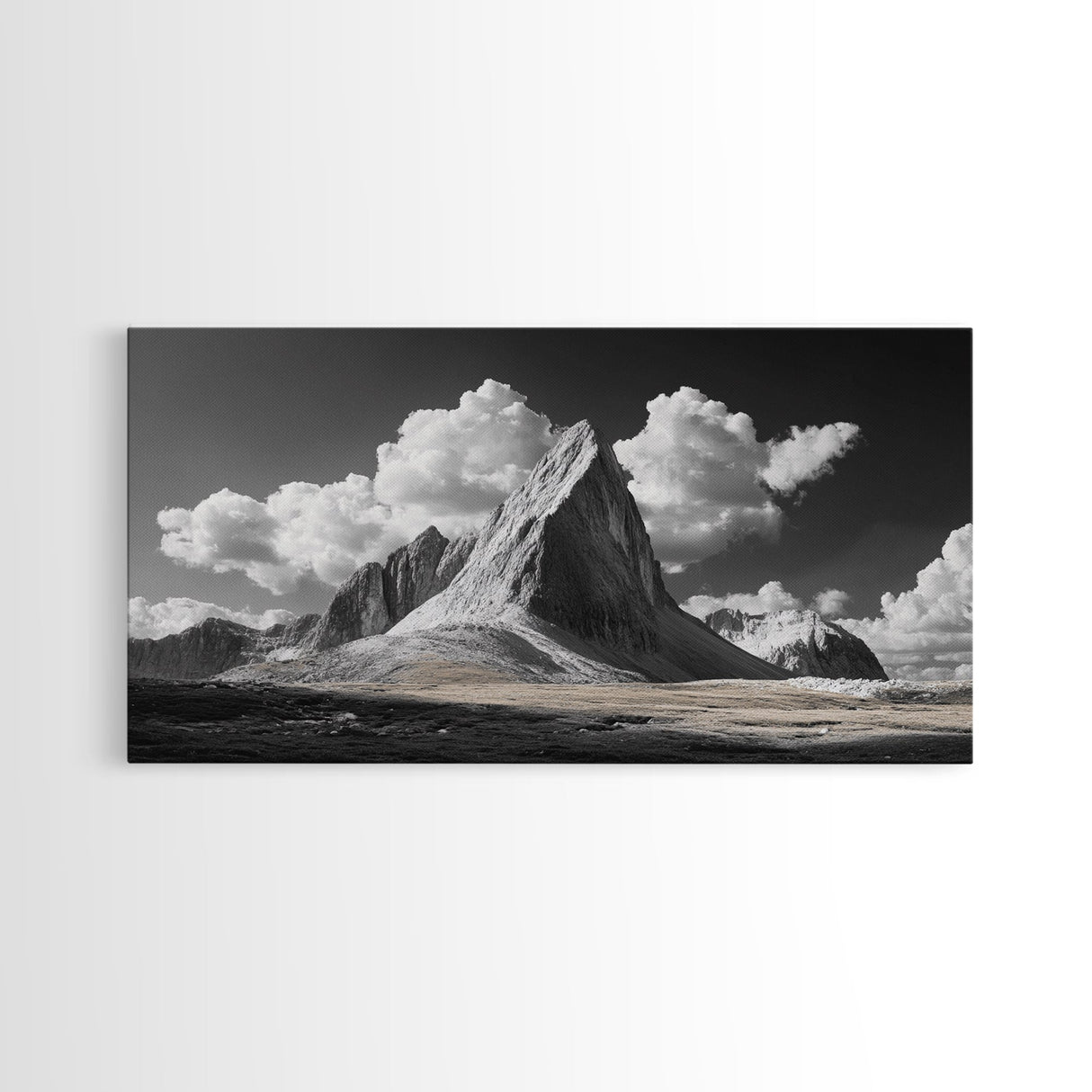 Dramatic Peak, Cloudy Sky, Monochrome Nature, Canvas Print, Minimalist Mountain Wall Art, Office Decor, Black White Landscape