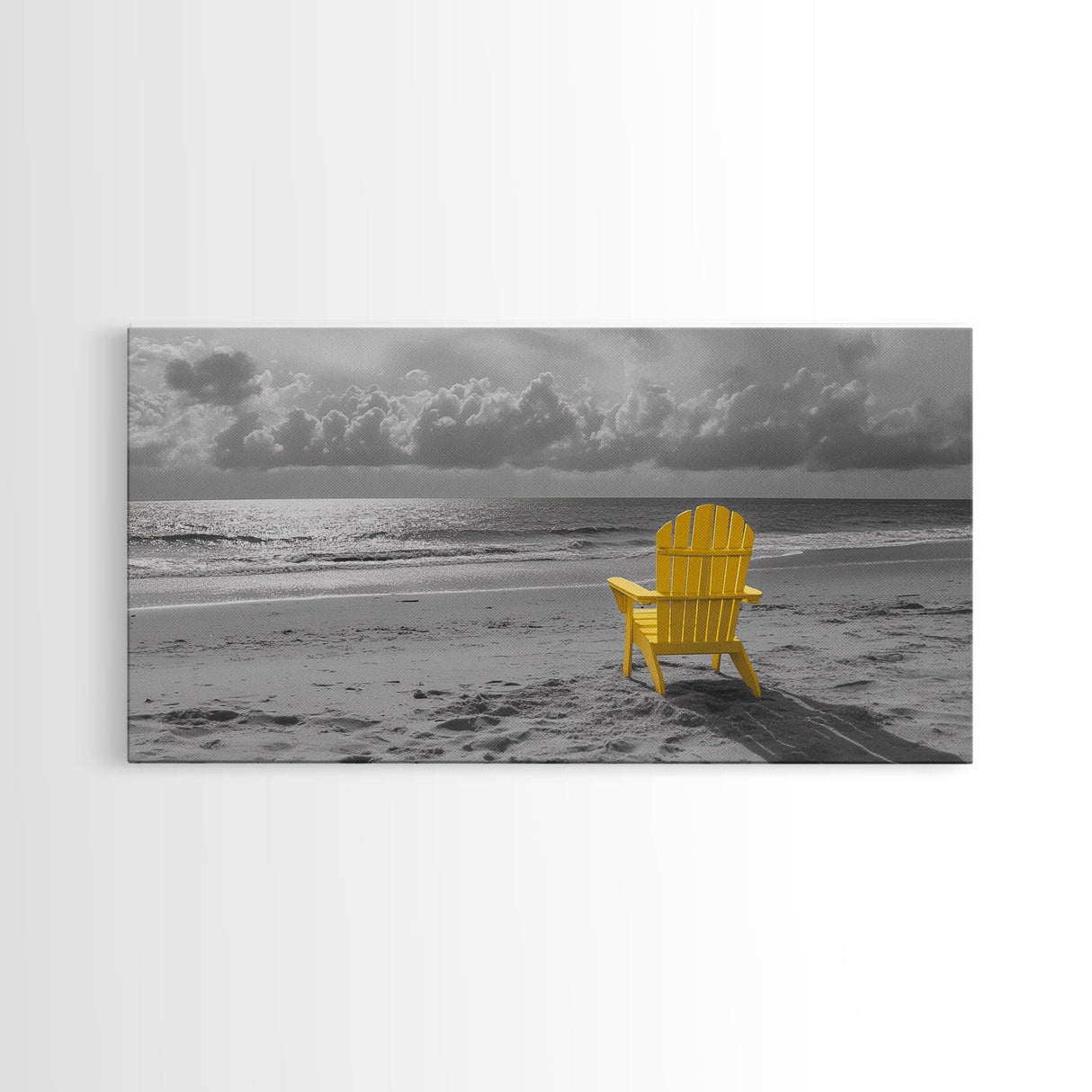 Yellow Chair, Tranquil Beach, Ocean Horizon, Canvas Print, Minimalist Beach Wall Art, Guest Room Decor, Calm Coastal Scene