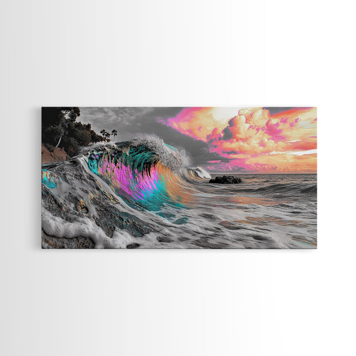 Neon Wave, Tropical Sunset, Bold Ocean Art, Framed Canvas Print, Color Pop Wall Decor, Surfer Room Style, Coastal Vibe Art