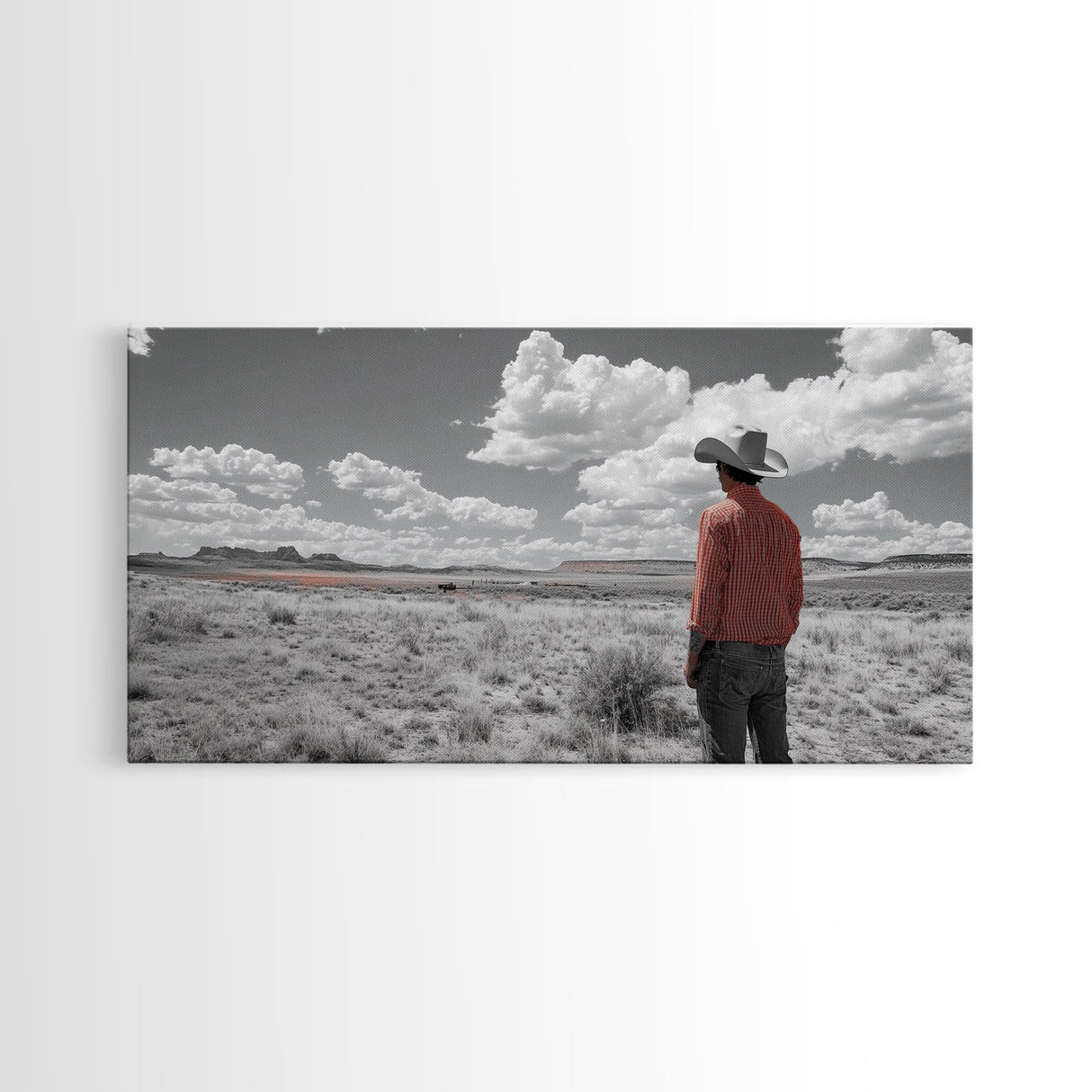 Cowboy Stare, Western Horizon, Desert Dream, American Spirit, Framed Canvas Print, Rustic Bedroom Art, Country Wall Decor, Western Style