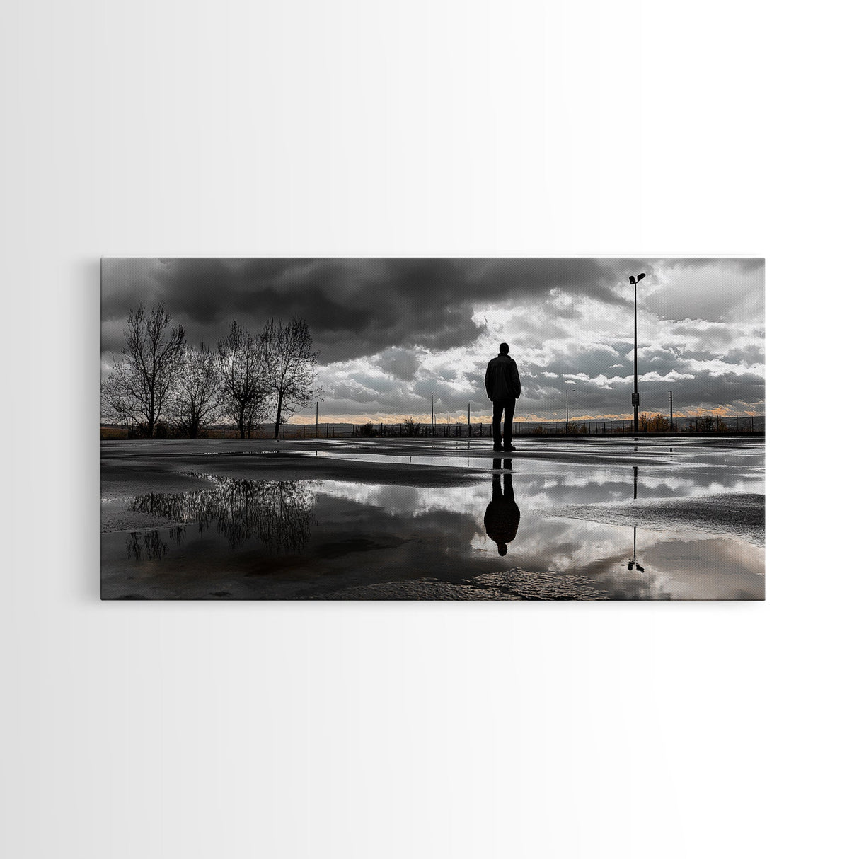 Solitude Reflection, Urban Mood, Moody Skies, Canvas Print, Modern Wall Art, Entryway Decor, Urban Photography, Minimalist Art, Rainy Day Art