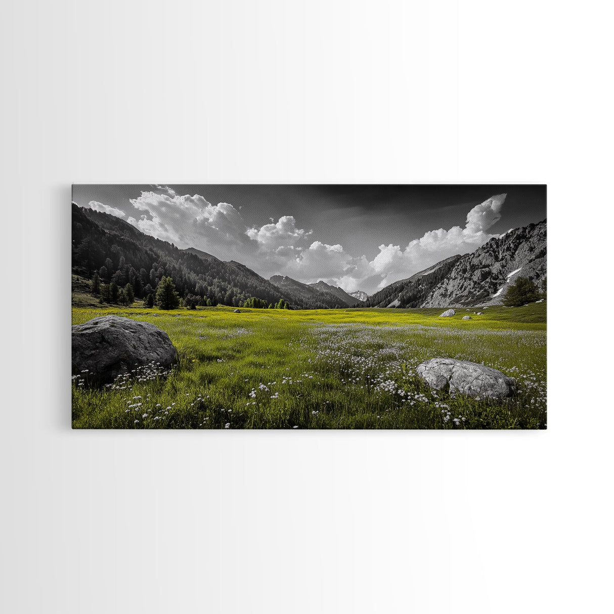 Mountain Meadow, Alpine Landscape, Nature Photography, Wildflower Field, Framed Canvas Print, Bedroom Wall Art, Summer Vibes, Scenic Escape