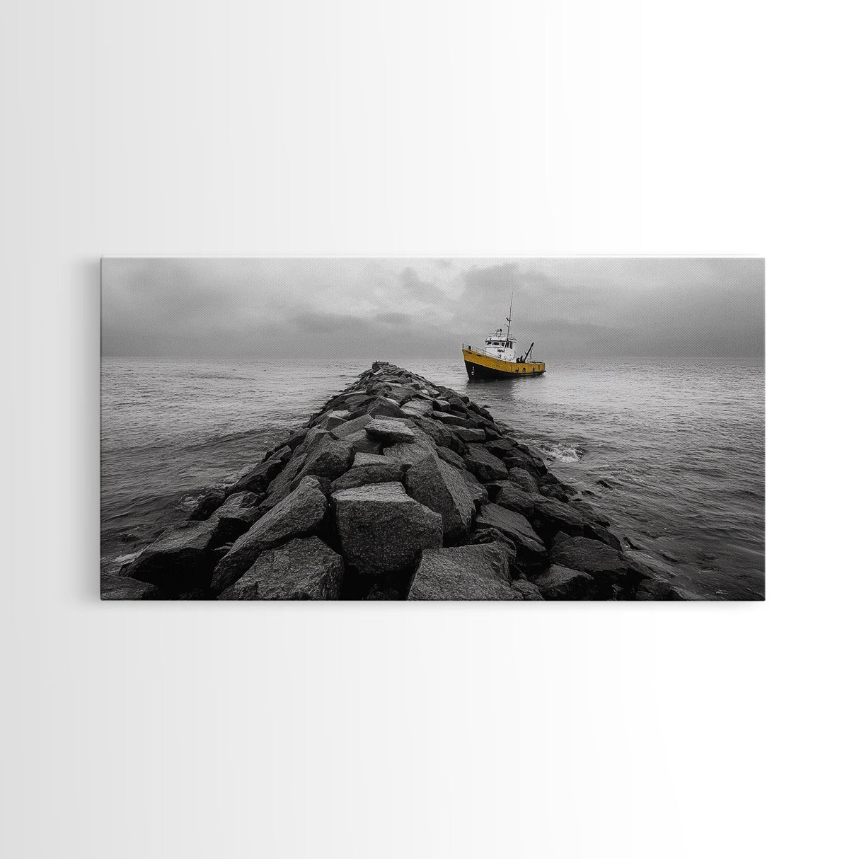 Ship At Sea, Yellow Boat, Ocean Journey, Nautical Photography, Canvas Print, Coastal Wall Art, Bathroom Decor, Minimalist Ocean Art