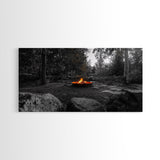 Forest Campfire, Glowing Flames, Outdoor Retreat, Cozy Autumn, Framed Canvas Print, Rustic Wall Decor, Fall Living Room Art, Nature Scene