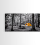 Yellow Tent, Forest Camping, Wilderness Escape, Outdoor Living, Framed Canvas Print, Fall Bedroom Art, Minimalist Nature, Hiking Vibes