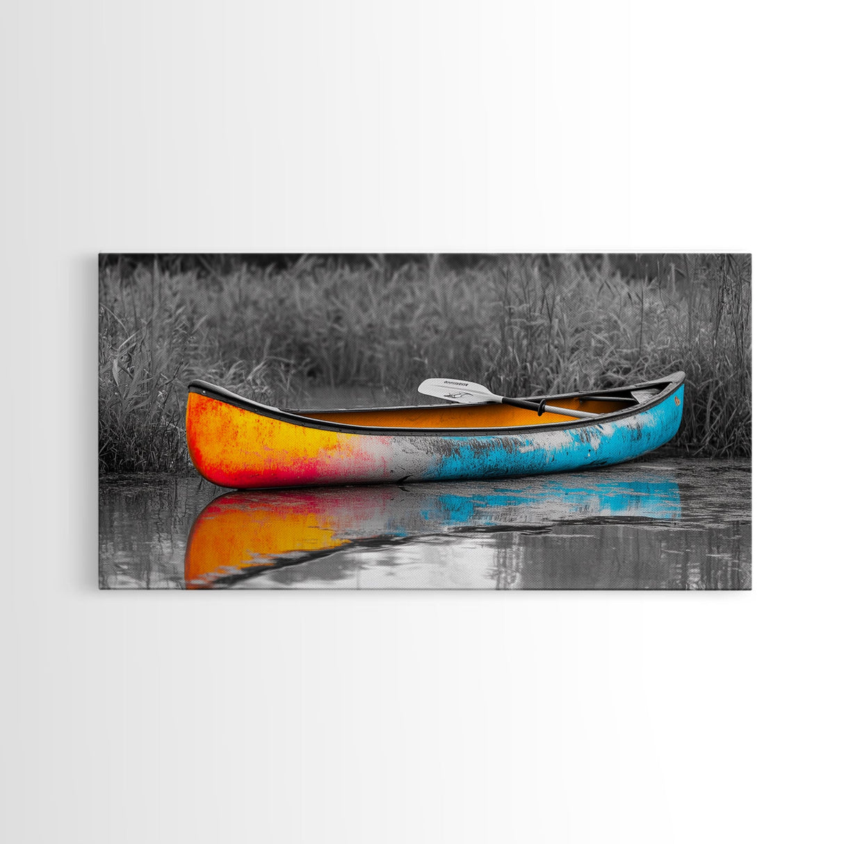 Painted Canoe, River Reflections, Nature Boating, Color Pop Art, Canvas Print, Lakeside Wall Decor, Adventure Theme, Rustic Office Art