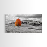 Autumn Tree, Rolling Hills, Minimalist Landscape, Fall Decor, Framed Canvas Print, Office Wall Art, Vibrant Red Orange Tree Scene