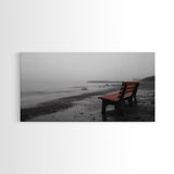 Red Bench Fog, Moody Coastal Morning, Framed Canvas Print, Minimalist Beach Wall Art, Modern Entryway Decor, Black and White Vibes