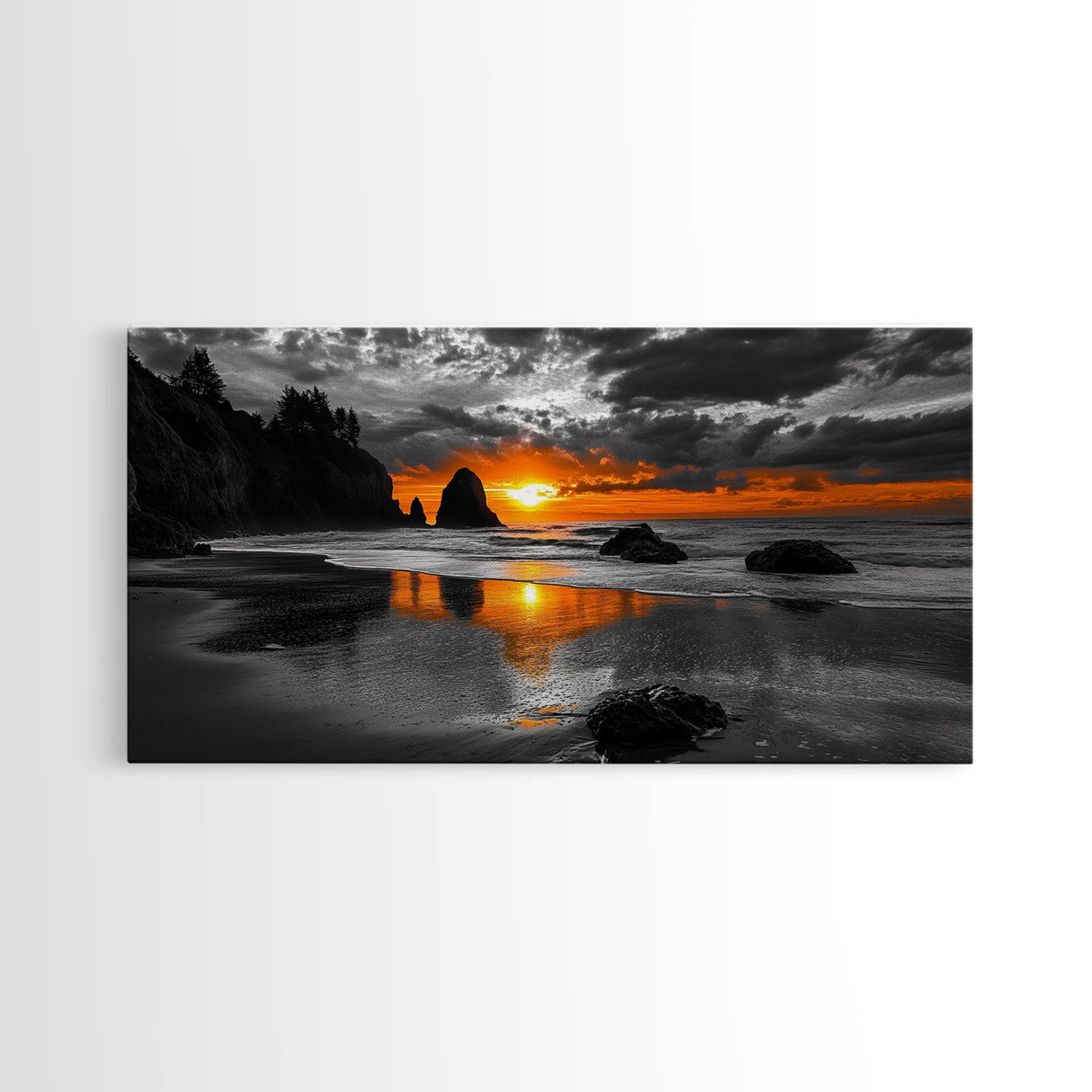 Sunset Beach, Fiery Sky, Ocean Glow, Moody Seascape, Framed Canvas Print coastal living room wall art, dramatic sunset photography