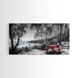 Red Picnic Table, Lakeside Spot, Forest Escape, Outdoor Moment, Framed Canvas Print nature wall art, rustic cabin decor, adventure print