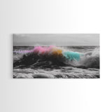 Rainbow Ocean Wave, Vibrant Sea Spray Art, Color Explosion Surf, Framed Canvas Print, Bathroom Wall Art, Coastal Modern Abstract