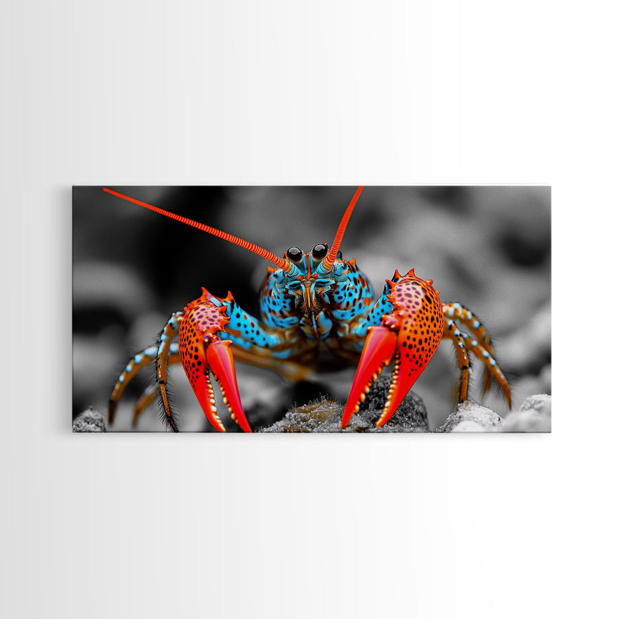 Vibrant Lobster, Red Blue, Sea Creature, Framed Canvas Print, Coastal Kitchen Wall Art, Ocean Wildlife, Nautical Bathroom Decor, Pop Art
