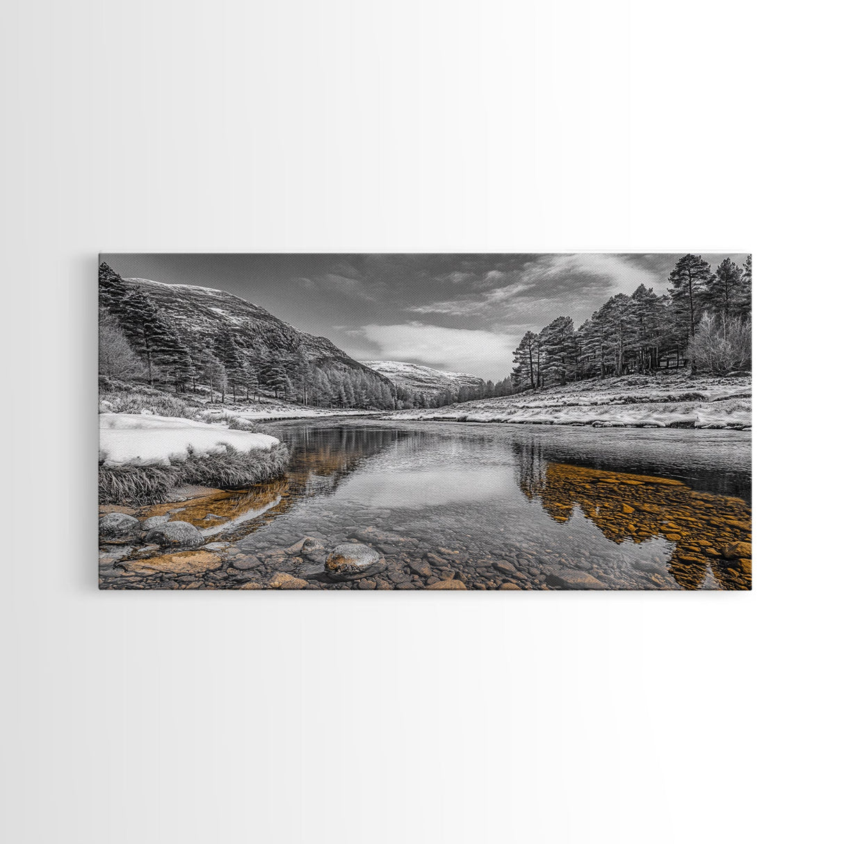 Snow River Scene, Winter Landscape, Peaceful Stream, Framed Canvas Print, Rustic Cabin Decor, Nature Wall Art, Minimalist Winter Aesthetic