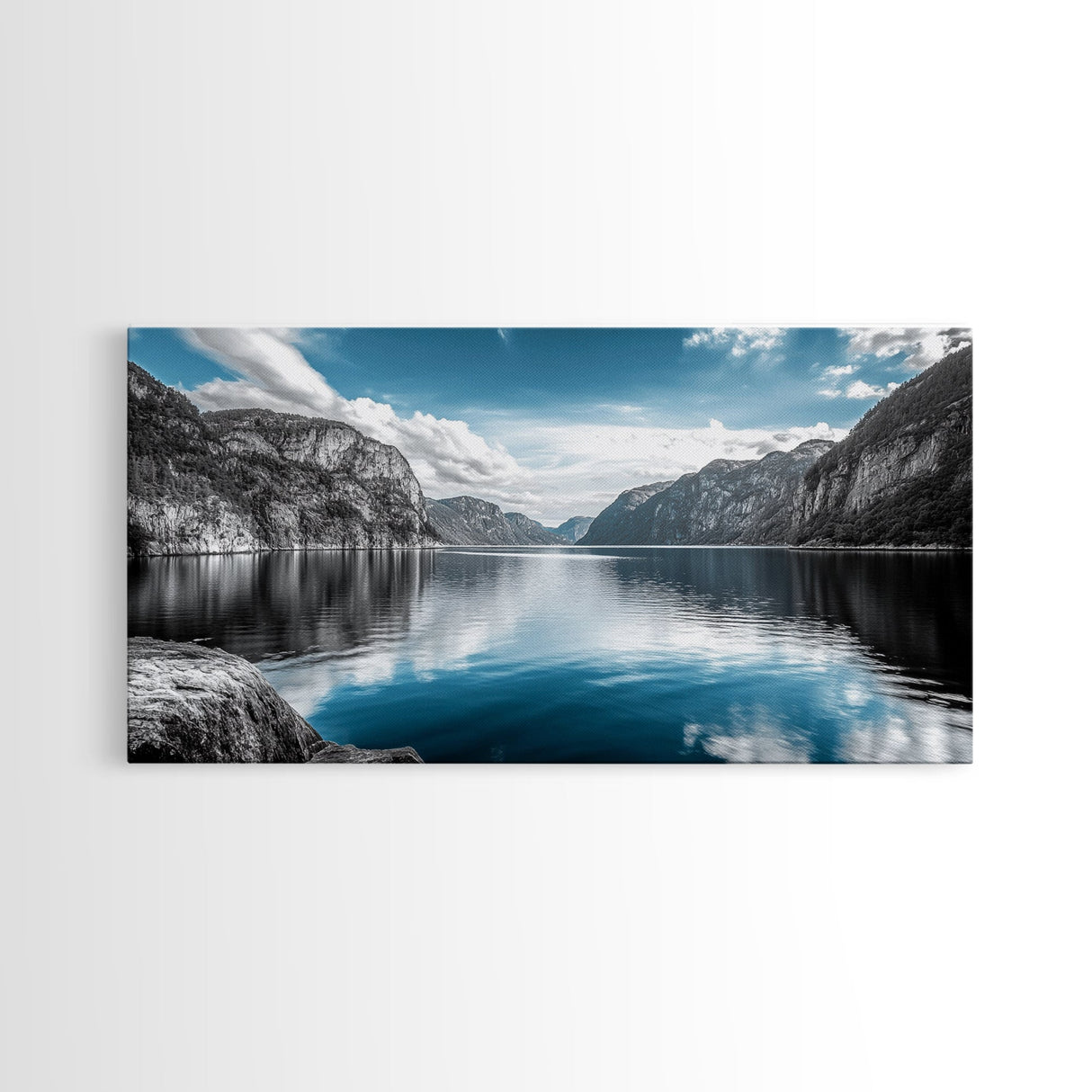 Mountain Lake, Blue Water, Fjord View, Canvas Print, Scandinavian Landscape, Calm Nature Wall Art, Office or Bedroom Modern Decor