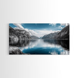 Mountain Lake, Blue Water, Fjord View, Canvas Print, Scandinavian Landscape, Calm Nature Wall Art, Office or Bedroom Modern Decor
