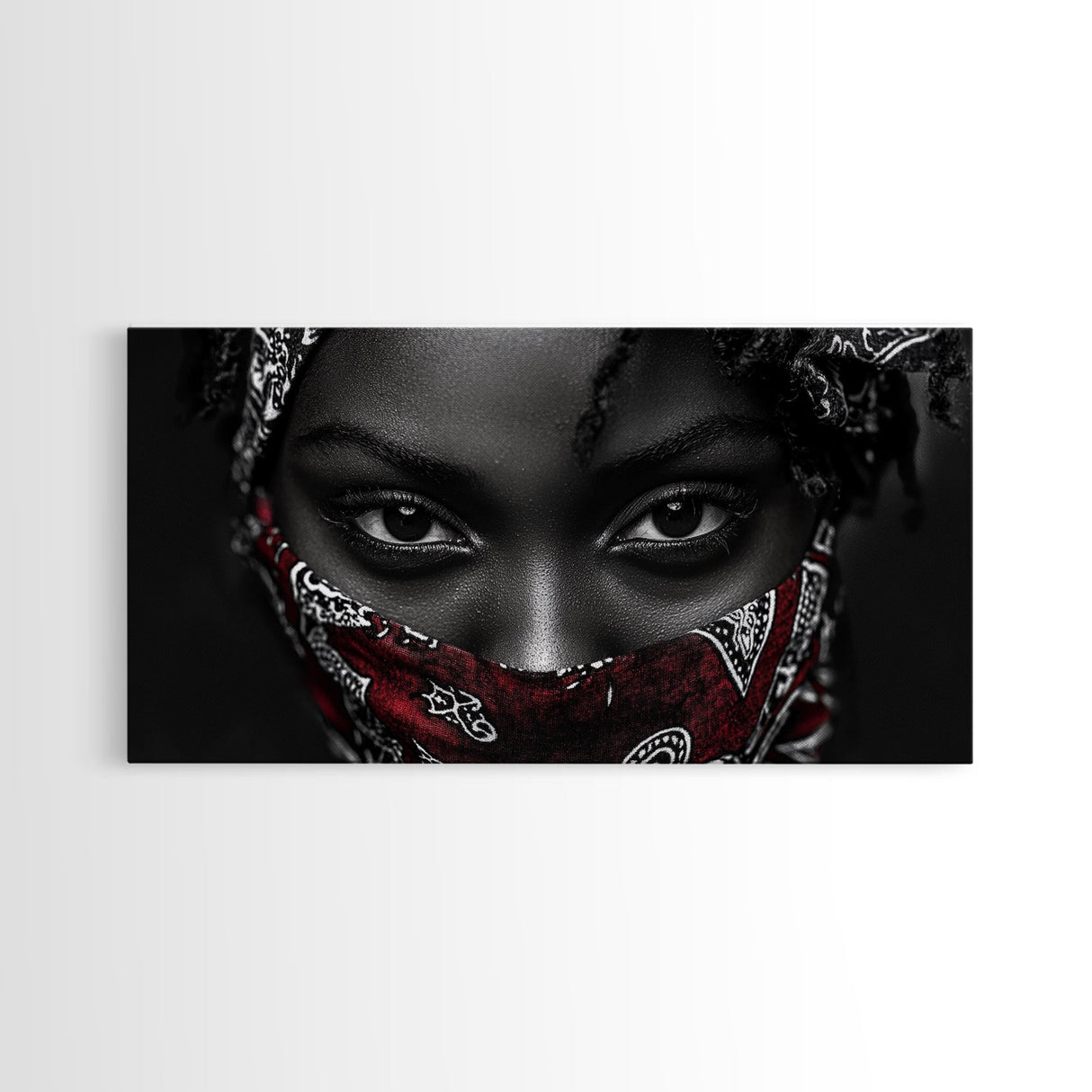 Fierce Eyes, Red Bandana, Bold Portrait, Afro Art, Framed Canvas Print, Bedroom Wall Art, Powerful Gaze, Monochrome With Red Accent