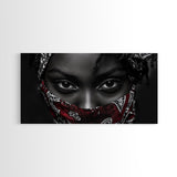 Fierce Eyes, Red Bandana, Bold Portrait, Afro Art, Framed Canvas Print, Bedroom Wall Art, Powerful Gaze, Monochrome With Red Accent