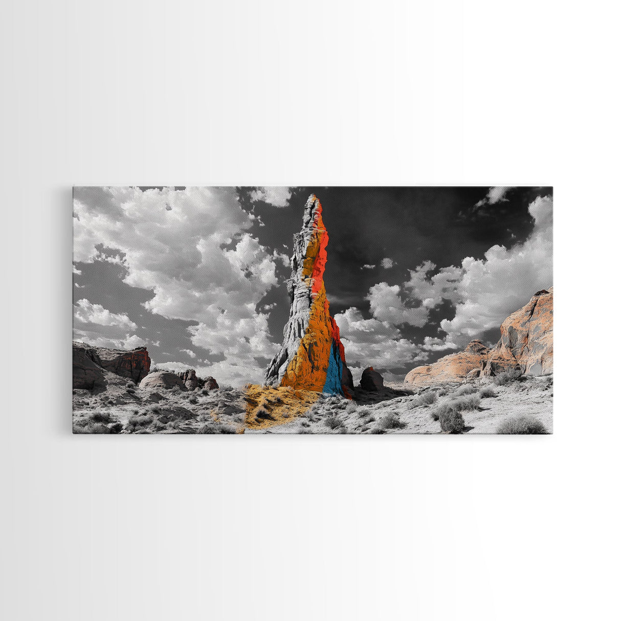 Color Rock Spire, Dramatic Sky, Desert Tower, Framed Canvas Print, Surreal Landscape Art, Southwest Decor, Living Room Adventure Vibe