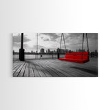 Red Swing, Skyline View, Urban Romance, Canvas Print, Cityscape Wall Art, Modern Minimalist Decor, Contemporary Bedroom Accent