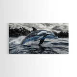 Jumping Dolphin, Ocean Splash, Monochrome Water, Framed Canvas Print, Coastal Wall Art, Bathroom Nautical Decor, Marine Life Photography