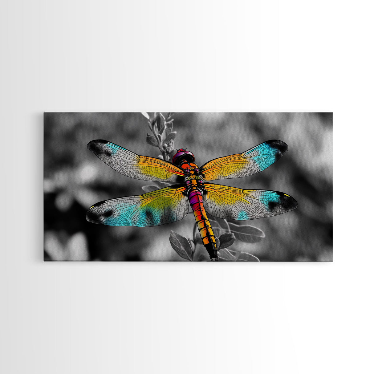 Rainbow Dragonfly, Nature Close-Up, Bold Insect Art, Canvas Print, Boho Wall Art, Botanical Decor, Vibrant Bedroom Accent Piece