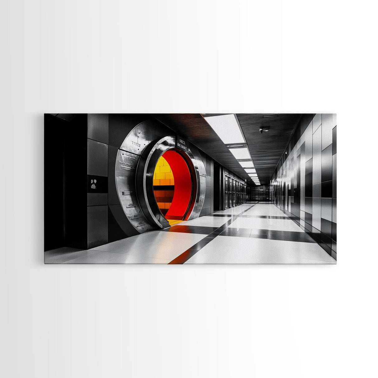 Vault Door, Futuristic Hallway, Urban Industrial Art, Sci Fi Decor, Framed Canvas Print, Office Wall Art, Red Orange Interior Glow
