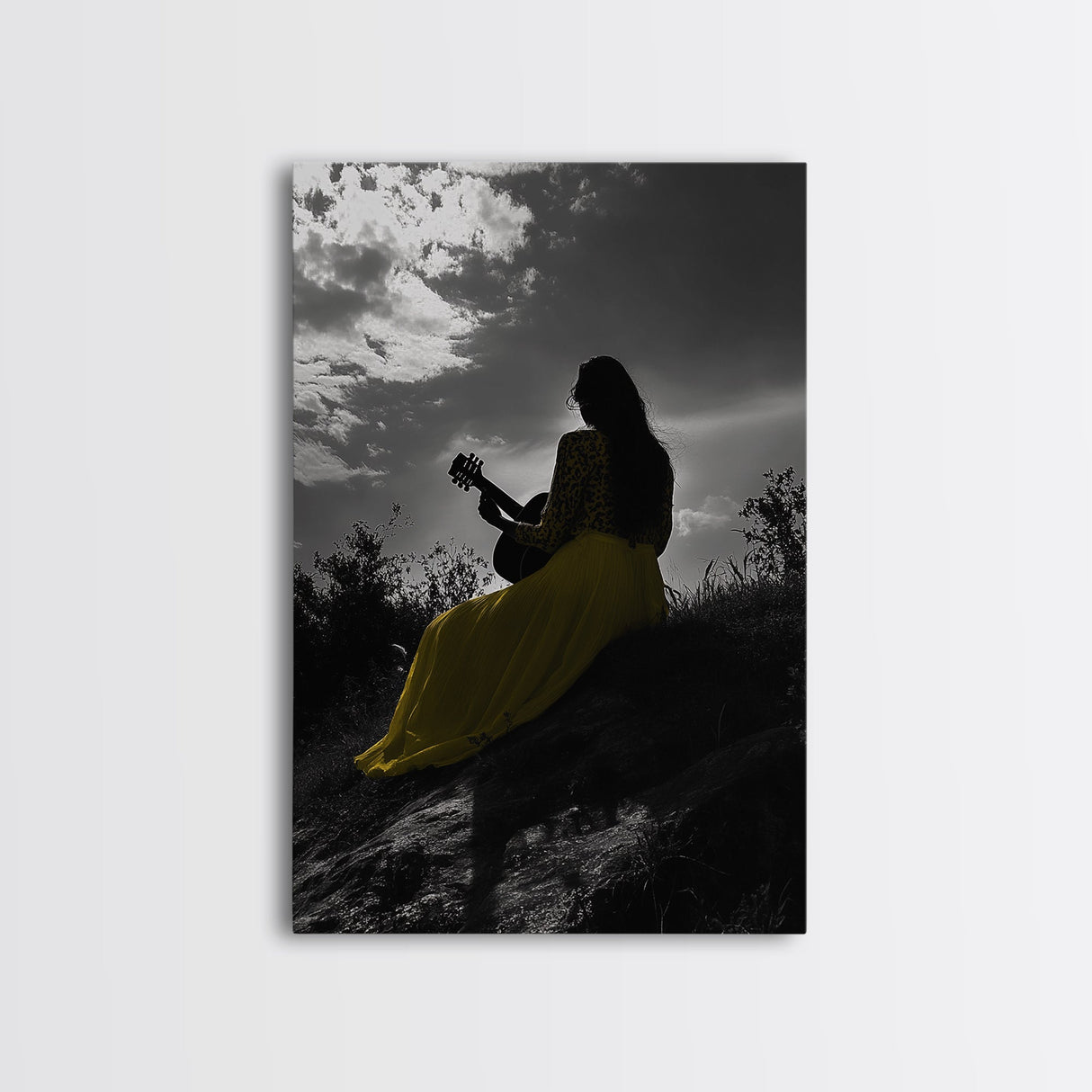 Yellow Dress, Guitar Girl, Sunset Silhouette Scene, Framed Canvas Print, Boho Music Lover Wall Art, Bedroom Fall Vibes Decor