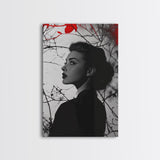 Noir Beauty, Red Accent Leaves, Dramatic Woman Profile, Framed Canvas Print, Glamour Wall Art, Gothic Bedroom Decor, Monochrome Style