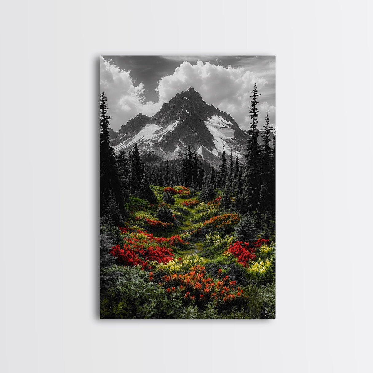 Mountain Flowers, Nature Trail, Alpine Beauty, Evergreen Path, Framed Canvas Print, Landscape Photography, Cabin Wall Art, Nature Decor