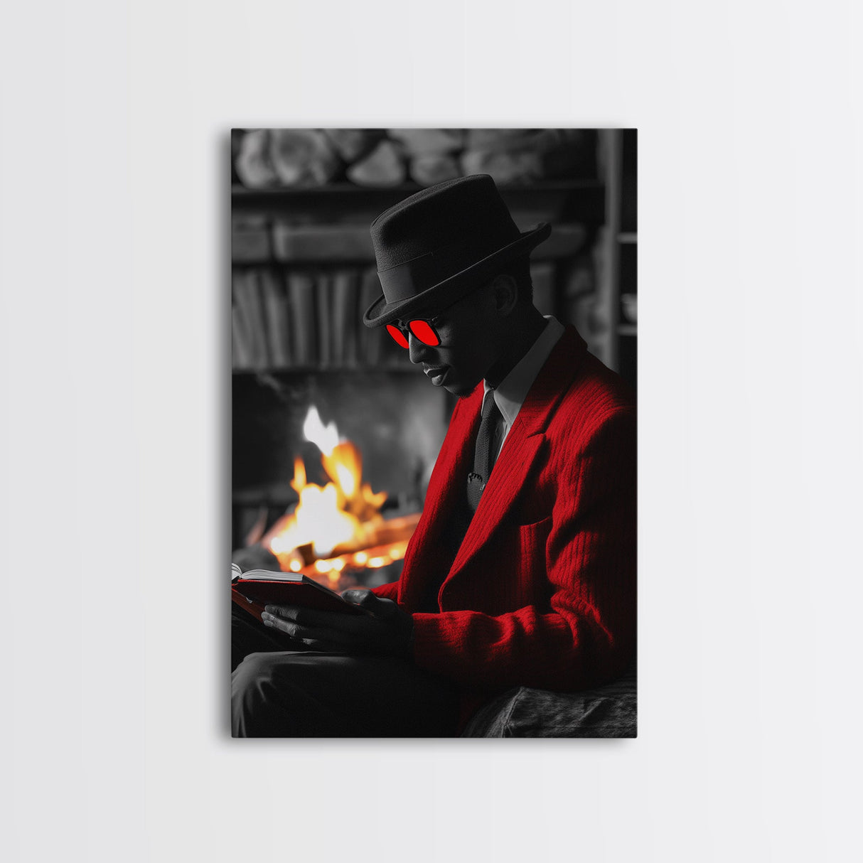 Red Jacket, Reading Firelight, Cozy Vibes, Stylish Man, Framed Canvas Print, Fall Wall Art, Office Decor, Modern Masculine Art
