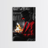 Red Jacket, Reading Firelight, Cozy Vibes, Stylish Man, Framed Canvas Print, Fall Wall Art, Office Decor, Modern Masculine Art