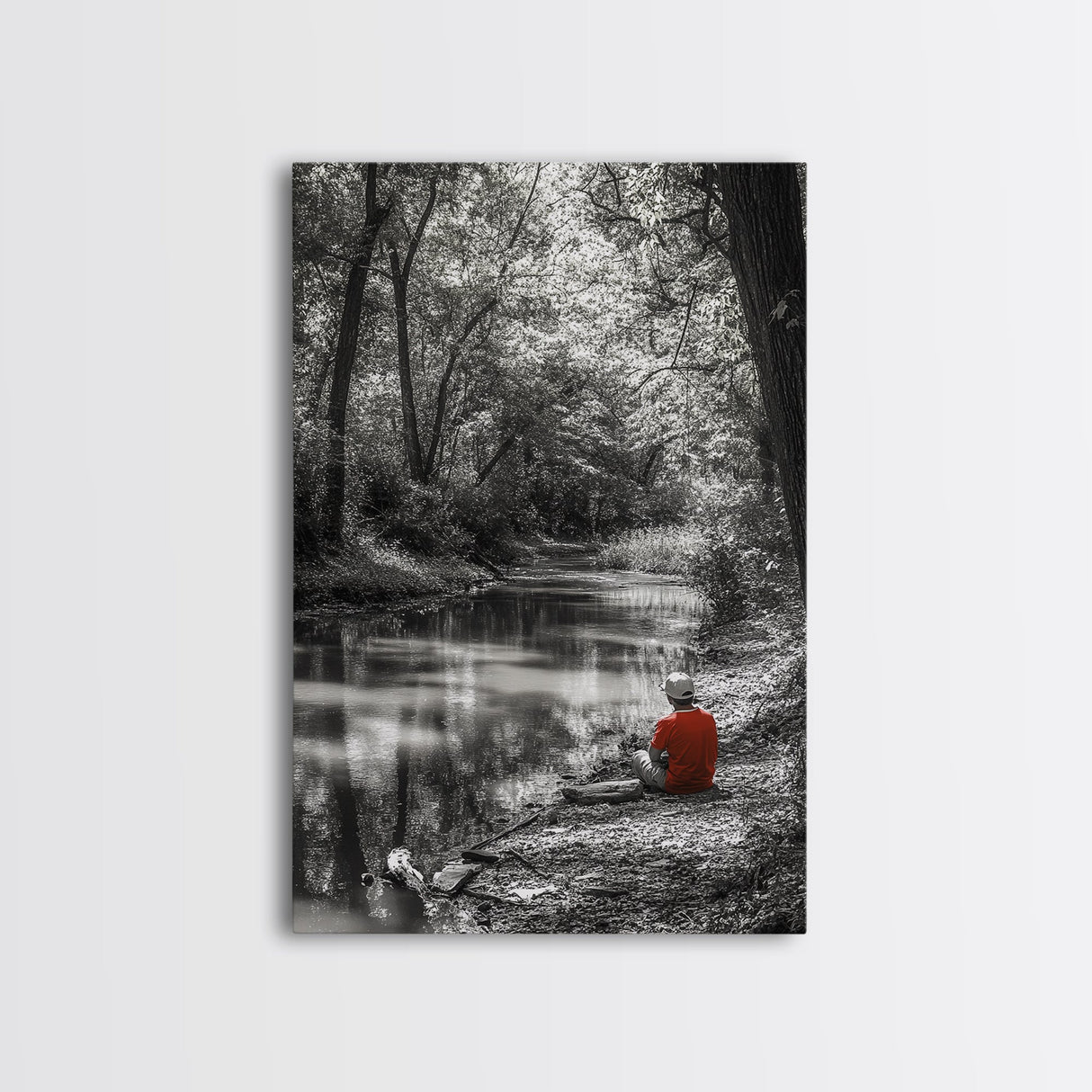 Boy Fishing, River Calm, Peaceful Moment, Nature Scene, Framed Canvas Print, Cabin Wall Art, Woodland Fall Decor, Tranquil Vibe