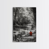 Boy Fishing, River Calm, Peaceful Moment, Nature Scene, Framed Canvas Print, Cabin Wall Art, Woodland Fall Decor, Tranquil Vibe