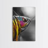Colorful Lure, Fishing Hook, Bold Scales, Rainbow Detail, Framed Canvas Print, Man Cave Art, Fishing Decor, Vibrant Realism Wall Art