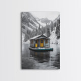 Winter Cabin, Floating House, Snowy Pines, Mountain Lake, Canvas Print, Minimalist Winter Wall Art, Cabin Decor, Neutral Nature Scene