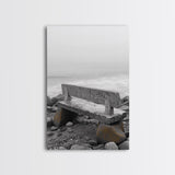 Seaside Bench, Rocky Shore, Ocean Fog, Coastal Calm, Framed Canvas Print, Minimalist Beach Art, Coastal Decor, Serene Ocean View