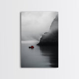 Red Boat, Foggy Coast, Seaside Cliff, Misty Water, Canvas Print, Moody Nautical Wall Art, Minimalist Ocean Decor, Scandinavian Style Art