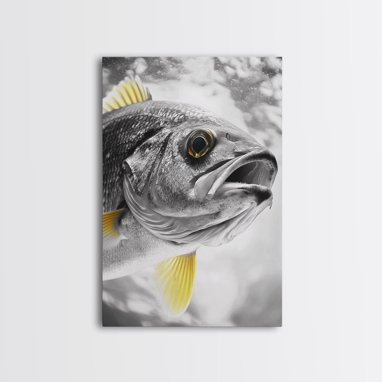 Golden Finned Fish, Underwater Wonder, Ocean Art, Framed Canvas Print, Coastal Wall Art, Bathroom Decor, Minimalist Marine Art